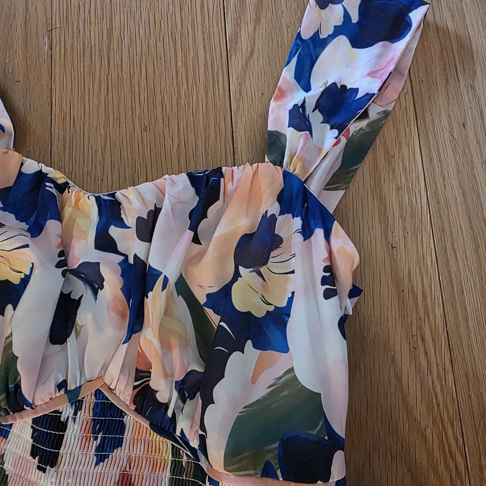 GRACE KARIN floral print flowy a-line off the shoulder maxi dress Blue White - Picture 3 of 4
